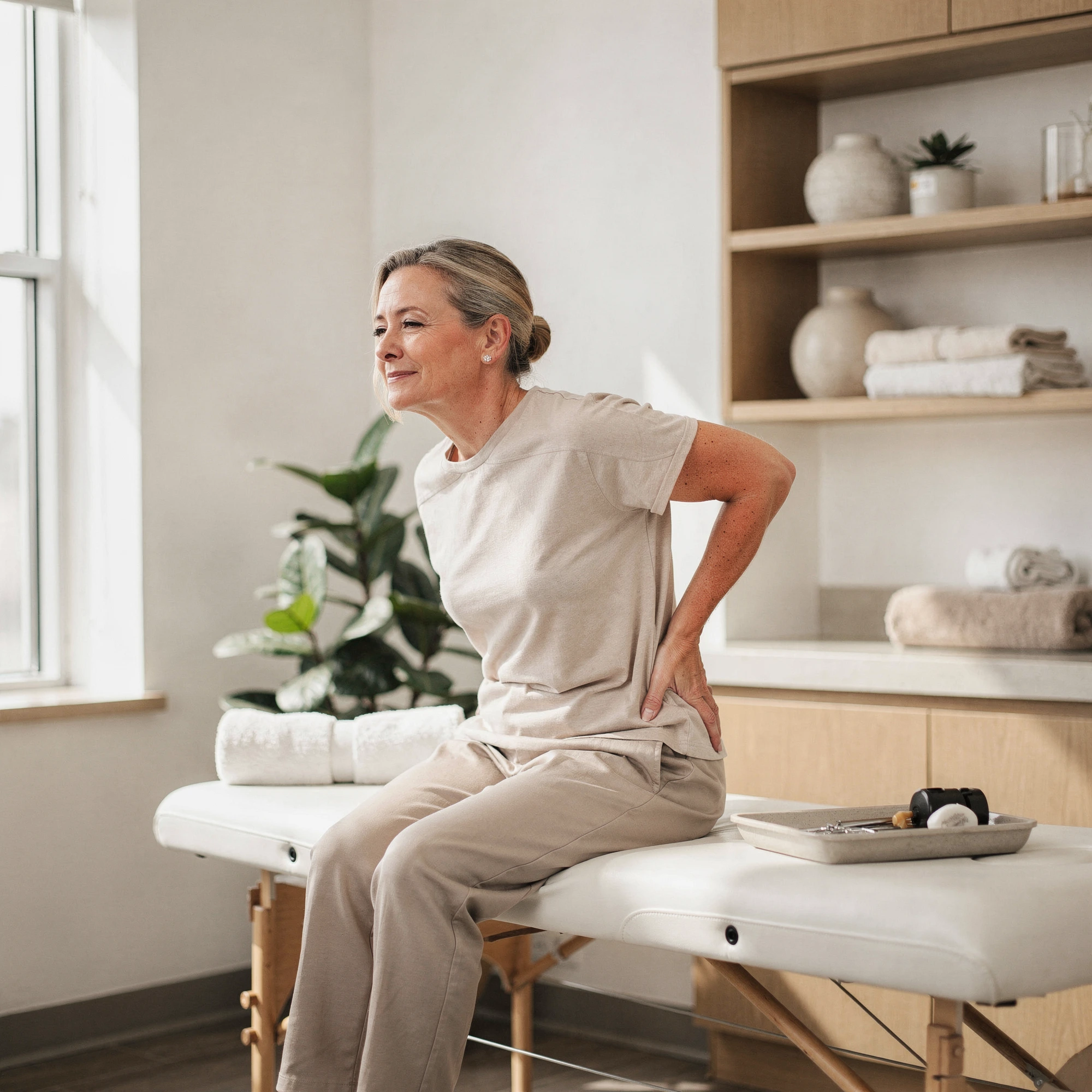 Woman sitting on treatment table holding her lower back in a bright clinical room with shelving